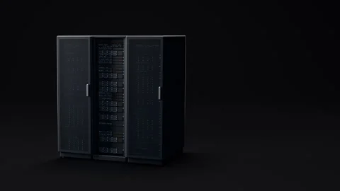 Multiple server racks are arranged in a dark, industrial data center Stock Footage 347761810