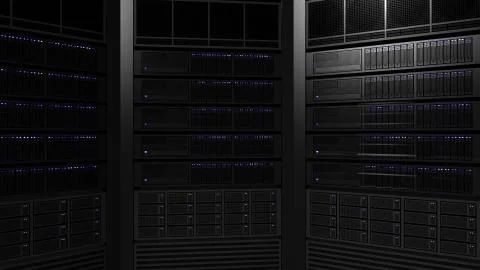 Multiple server racks with blinking lamps. ISP, cloud technology, big data or e Stock Illustration