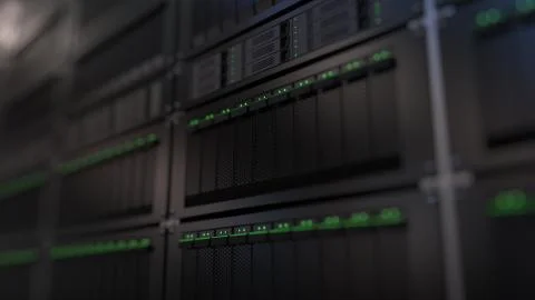 Multiple server racks, shallow focus. Modern storage technology or data center Stock Illustration