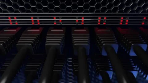 Multiple server wires, red lights and connectors, close up, CGI 스톡 일러스트