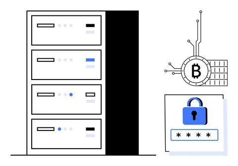 Multiple servers are connected to a blockchain symbol, representing cryptocur Stock Illustration