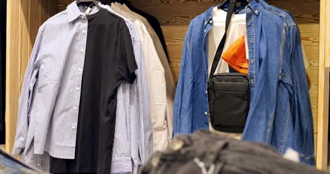 Multiple sets of clothing, including shirts, t shirts, and a small black bag Stock Footage 314465709