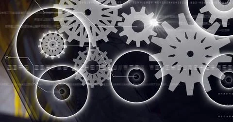 Multiple setting icons over close up of computer server against black technology Stock Illustration