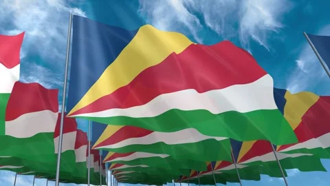 Multiple Seychelles flags seamless looping waving on blue sky Stock Footage 343684444