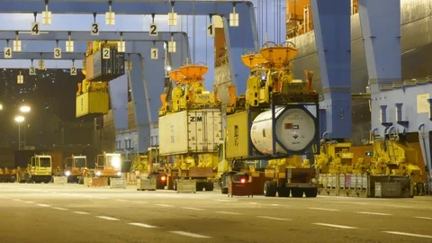 Multiple ship-to-shore crane work at night 4k Stock Footage 88951468