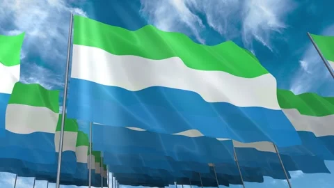 Multiple Sierra Leone flags seamless looping waving on blue sky Stock Footage 343684478