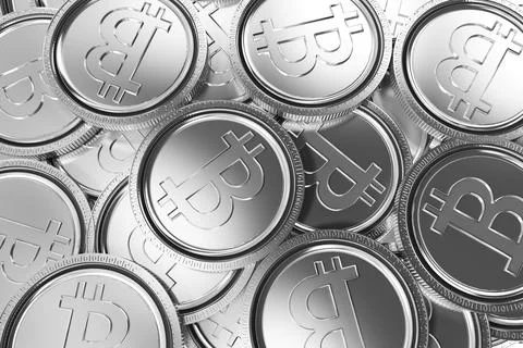 Multiple silver Bitcoin coins are forming macro close up pattern in metallic 3D 库存插图