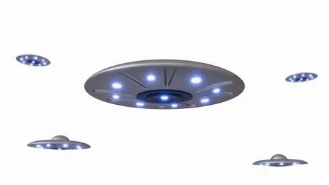 Multiple Silver UFOs Hovering White Background Stock Illustration