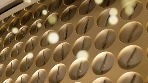 Multiple simple clocks artwork with bokeh lights creating pattern hung in Stock Footage 233697714