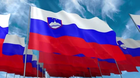 Multiple Slovenia flags seamless looping waving on blue sky Stock Footage 343684679