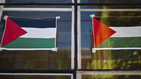 Multiple small flags of Palestine, taped on a window in Copenhagen, Denmark 스톡 동영상 281283171