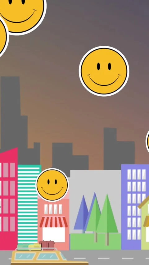 Multiple smiley face emojis floating against cityscape Vídeo Stock 343714080