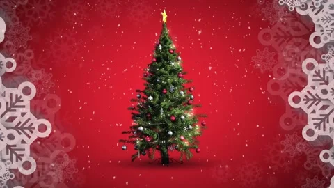 Multiple snowflakes icons over snow falling over spinning christmas tree against Stock Footage 159645651