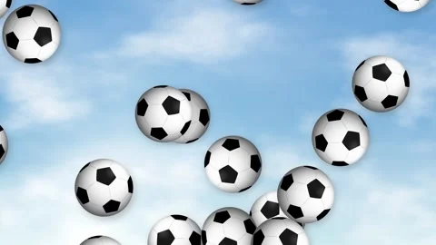 Multiple Soccer Balls Floating and Rotating Against a Cloudy Blue Sky Stock Footage 339397011