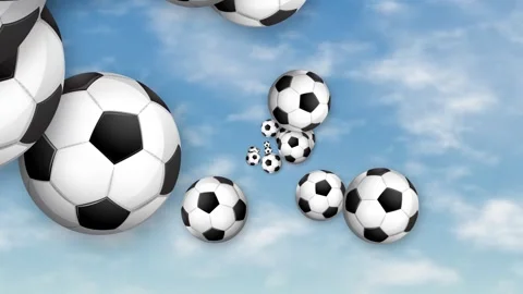 Multiple Soccer Balls Flying Through a Blue Sky with Clouds Stock Footage 344851092