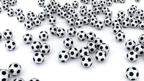 Multiple soccer balls scattered on white background close view Stock Illustration