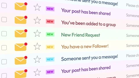 Multiple social media notifications email scrolling list 4k animation, friend 스톡 동영상 310883336
