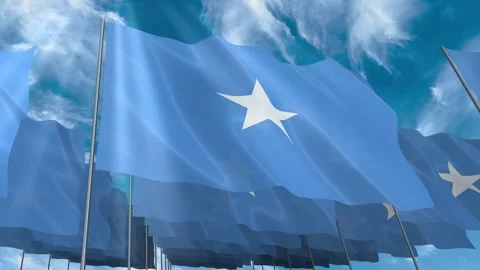 Multiple Somalia flags seamless looping waving on blue sky Stock Footage 343684622