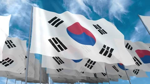 Multiple South Korea flags seamless looping waving on blue sky Stock Footage 343684731