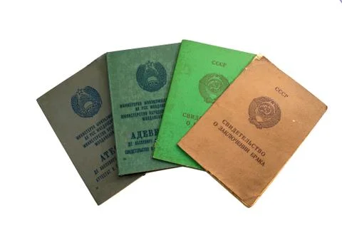 Multiple Soviet Union official documents of different function Stock Photos