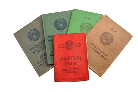 Multiple Soviet Union official documents of different function Stock Photos