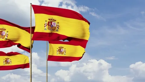 Multiple Spain flag waving on sky background, 3D animation Stock Footage 247716330
