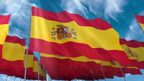 Multiple Spain flags seamless looping waving on blue sky Stock Footage 343684857