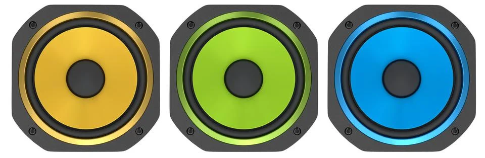 Multiple speaker cones, isolated on white background. Concept of audio and .. Stock Illustration