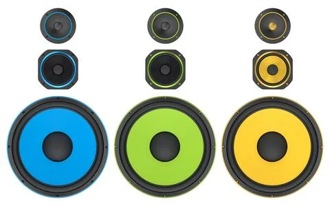 Multiple speaker cones, isolated on white background. Concept of audio and .. Stock Illustration