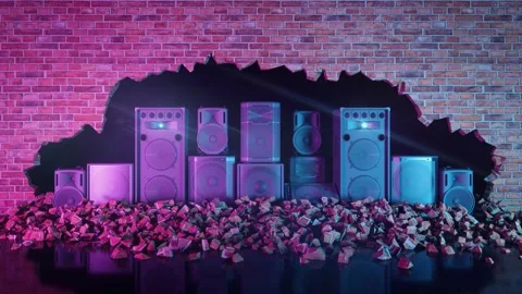 Multiple speaker systems located in a crack in a brick wall in neon lighting Stock Footage 314114528