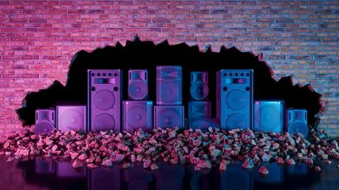 Multiple speaker systems located in a crack in a brick wall in neon lighting Stock Illustration