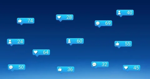 Multiple speech bubble with digital icons and increasing numbers against blue Stock Photos