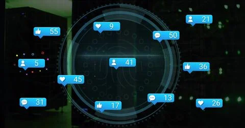 Multiple speech bubbles and cyber security text over round scanner against black Stock Photos