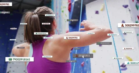 Multiple speech bubbles with icons against rear view of caucasian fit woman Stock Photos