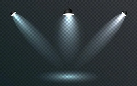 Multiple spotlights cast bright beams of light onto a transparent background Stock Illustration