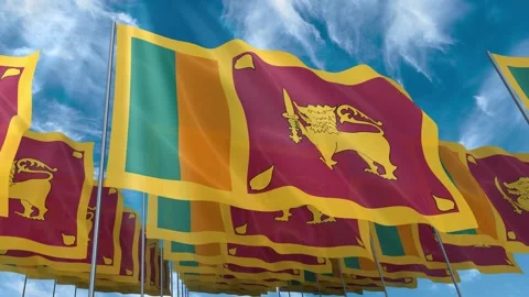 Multiple Sri Lanka flags seamless looping waving on blue sky Stock Footage 343684819