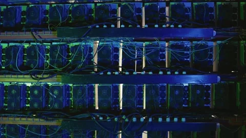 Multiple stacked rows of bitcoin miners with dense cabling Stock Footage 311563980