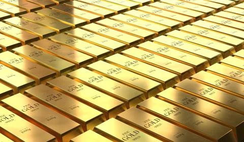 Multiple Stacks of Gold Bars - 3d illustration Stock Illustration