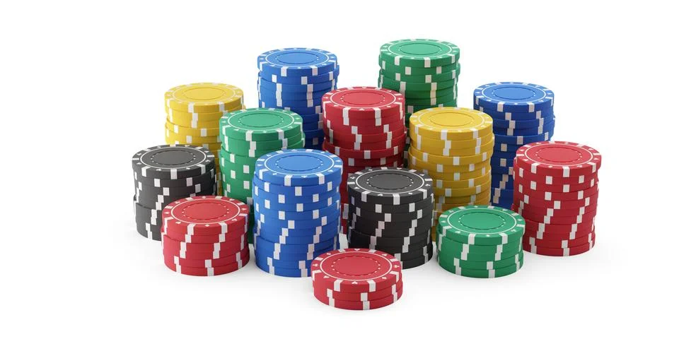 Multiple stacks of red, blue, yellow and green poker chips or tokens over w.. Stockillustratie