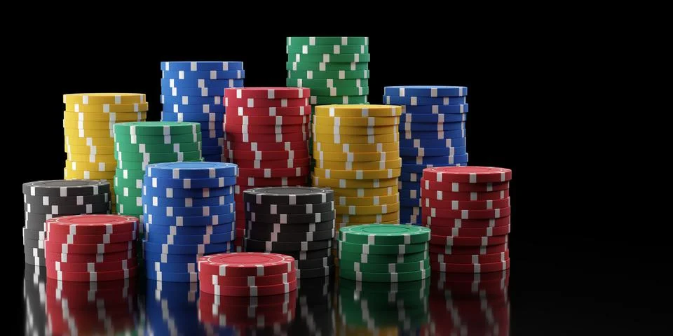 Multiple stacks of red, blue, yellow and green poker chips or tokens on bla.. Illustrazione stock