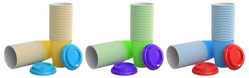Multiple stacks of ripple wall disposable cups, isolated on white background, Stock Illustration