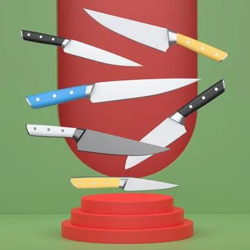 Multiple stainless steel kitchen knives with black handles floating over po.. Ilustração Stock