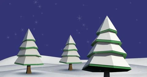 Multiple stars falling over trees on winter landscape against blue background Illustrazione stock