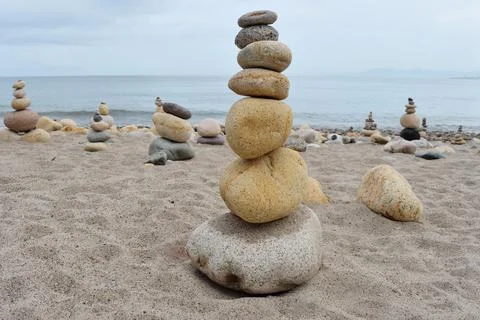 Multiple Stone Stacks on the Beach in Puerto Vallarta, Jalisco Stock Photos