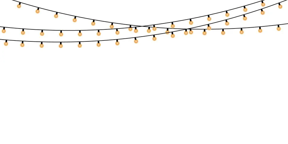 Multiple strings of glowing orange light bulbs on black wires against Stock Illustration