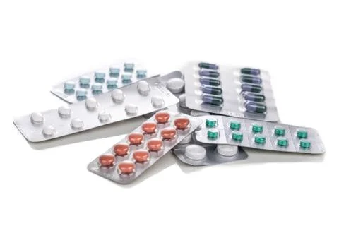 Multiple strips of pills tablet, caplet, capsule. Medication for various dise Stock Photos