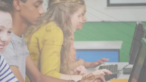 Multiple student hands appearing on keyboards initiating group coding in school Stock Footage 316191169