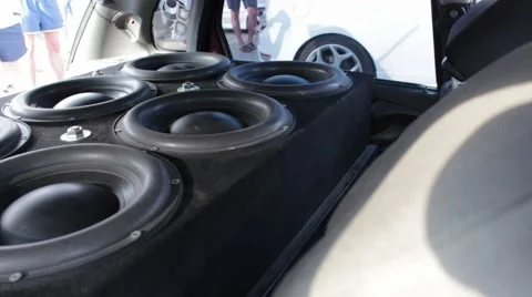 Multiple subwoofers in a car close up. Extremely LOUD Car Audio. Vídeo Stock 51989922
