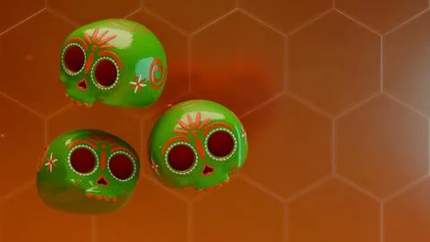 Multiple sugar skulls repeating pattern on orange background with hexagon t.. 库存插图