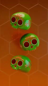 Multiple sugar skulls repeating pattern on orange background with hexagon t.. Stock Illustration